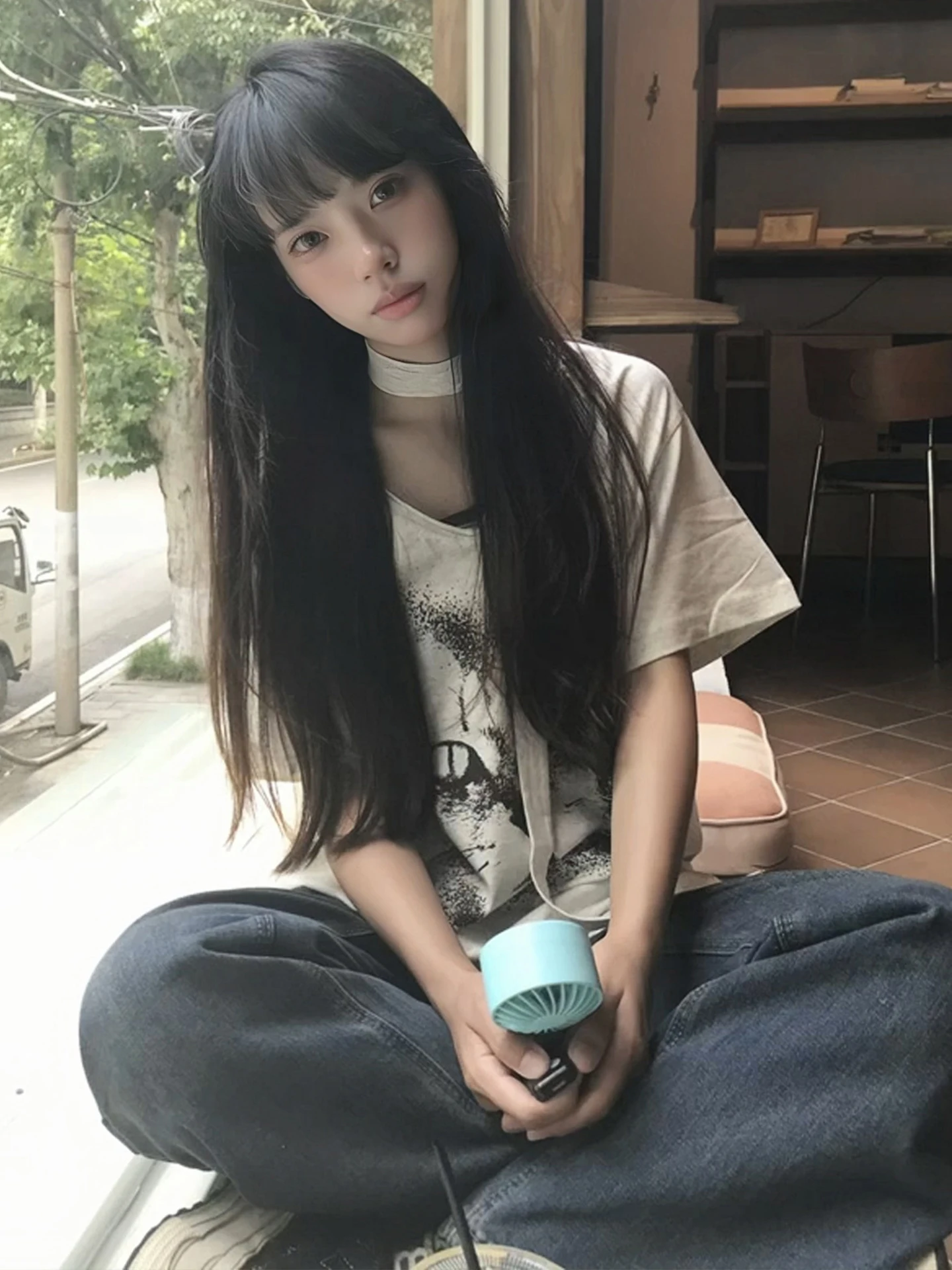 Tonngirls الكورية نمط تي شيرت المرأة الخامس الرقبة فضفاضة عادية المحملة القمم Y2k خمر الجرونج القمم اليابانية 2000s طباعة الجرافيك القمم