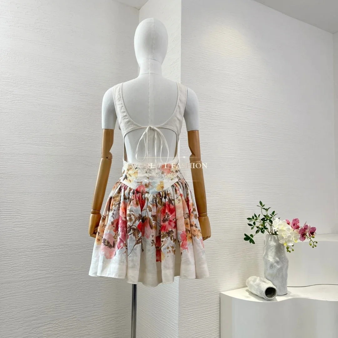 Summer New Sleeveless White A-line Cut Out Floral Print Pleats Women Mini Dress