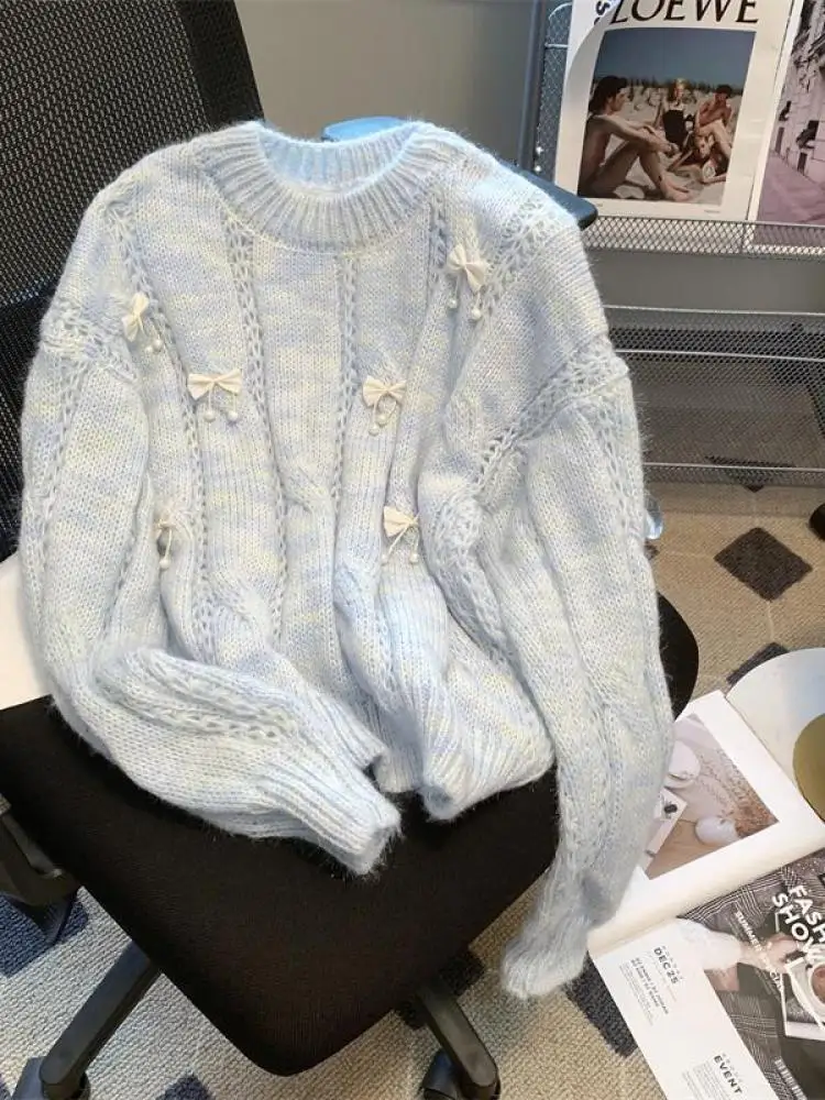 

Korean Sweet Vintage New Autumn Winter Blue Pink Round Neck Pullover Short Sweaters Women's Long Sleeved Warm Bow Knitted Tops
