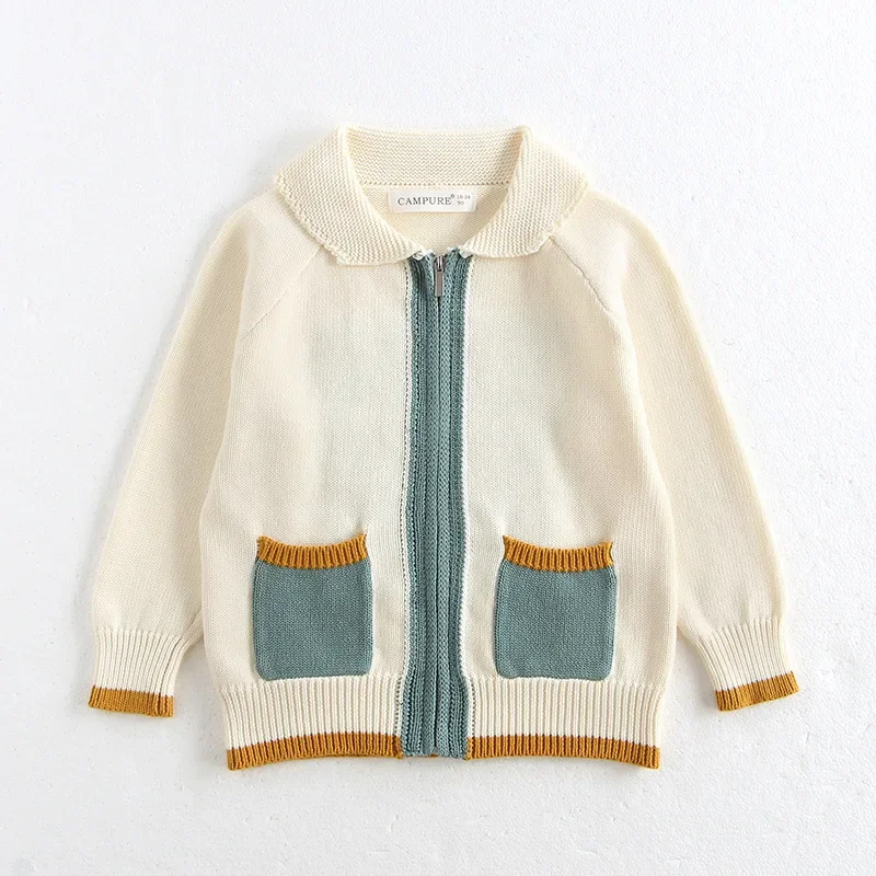 

Korean Autumn Kid Boys Zipper Sweater Turn Down Collar Babys Boy Contrast Cardigan Versatile Little Boys Patched Pocket Knitwear