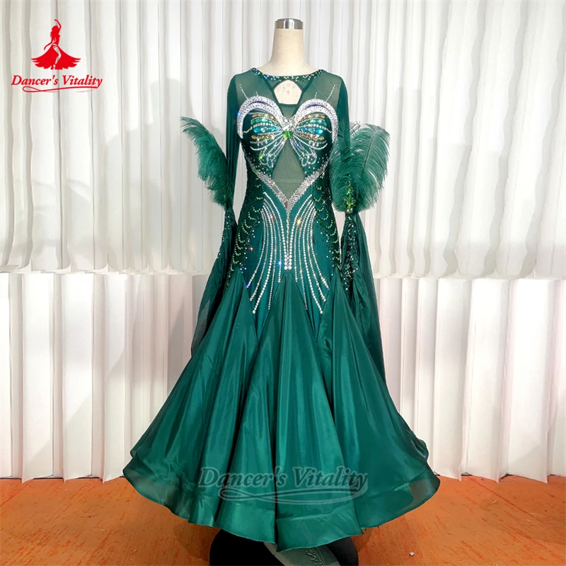 Standard Social Dance AB Stones Long Sleeves V-back Dresses Customize Adult Waltz Foxtrot Competition Clothing Dancer's Vitality