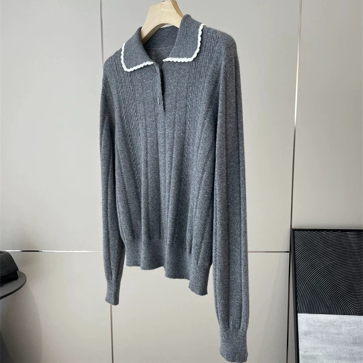 

Classic Never Goes out of Style!!! He 3900!!! 2025 Autumn Texture Knitted Sweater with Ruffle Collar Color Block Floral Design