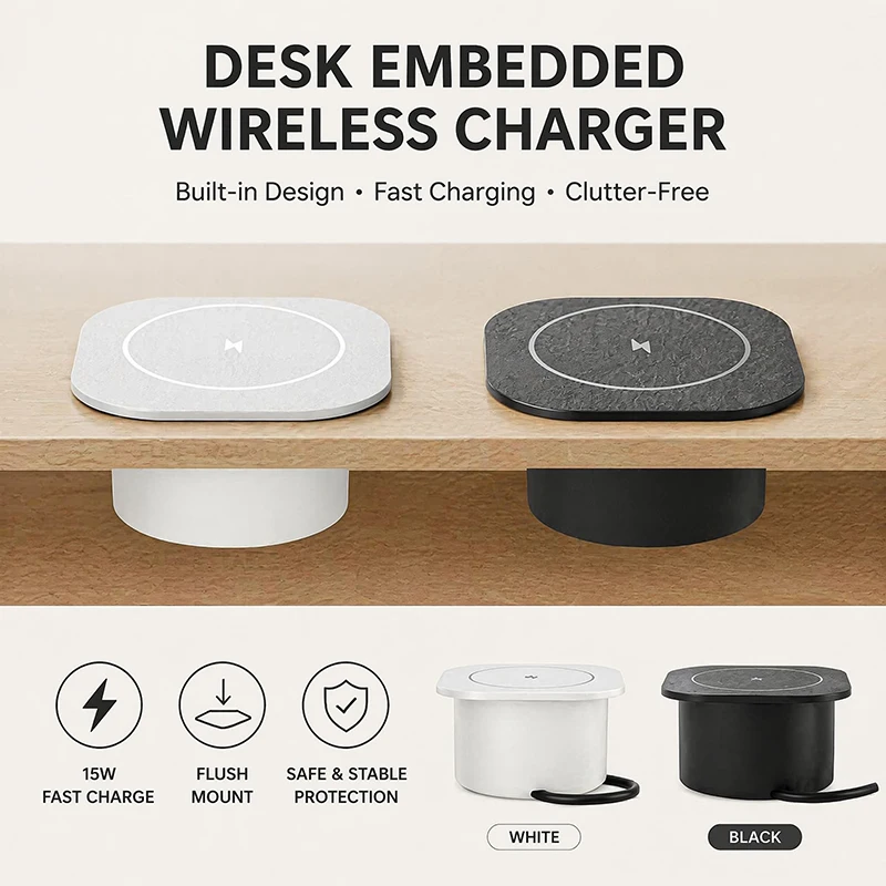 15W Built-in Wireless Charger Flush Mount Desktop Charging Station Black White US EU UK Plug Fast Charge for Office Home