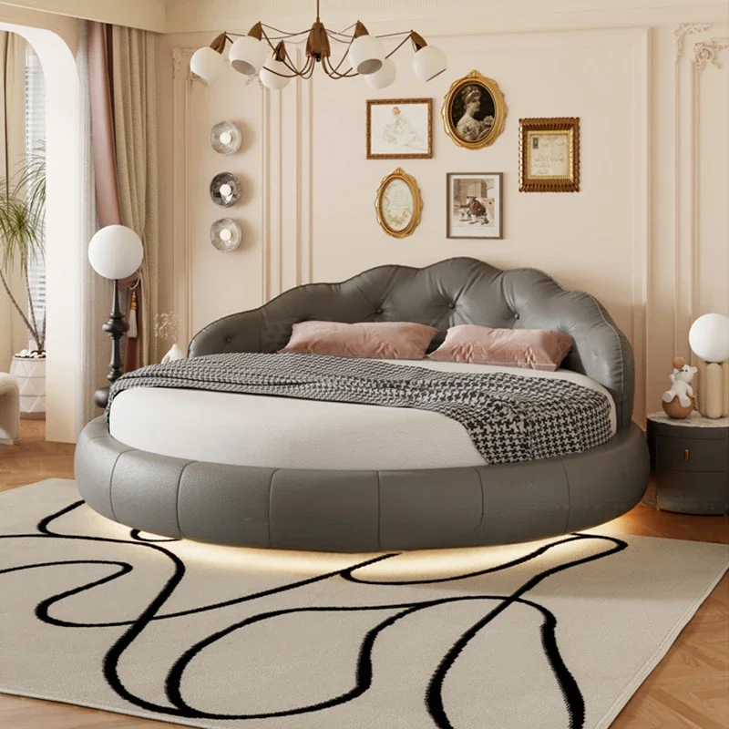 White Simple Double Bed Modern Headrest Loft Floor Bedroom Double Bed Home Round Girls Sleeping Letto Matrimoniale Furniture