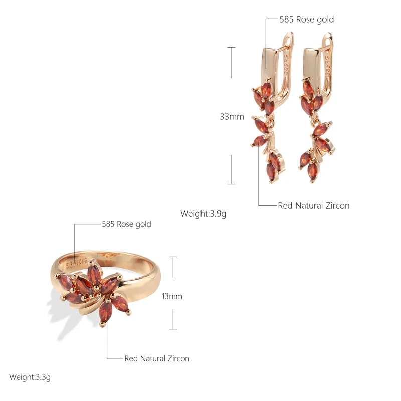 Wbmqda New Red Natural Zircon Drop Earrings Ring For Women 585 Rose Gold Color High Quality Daily Fine Vintage Jewelry Sets