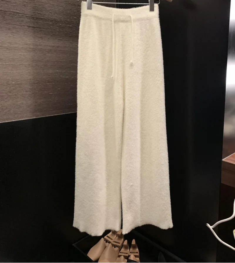 Knitted wide leg pants for women autumn and winter loose high waist fluffy casual straight leg mink wool pants female tops