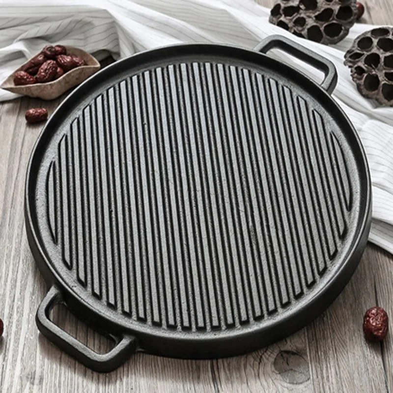 Cast iron thickened round baking tray double-sided bbq pan round outdoor baking tray cast iron baking tray cast iron pizza pan c