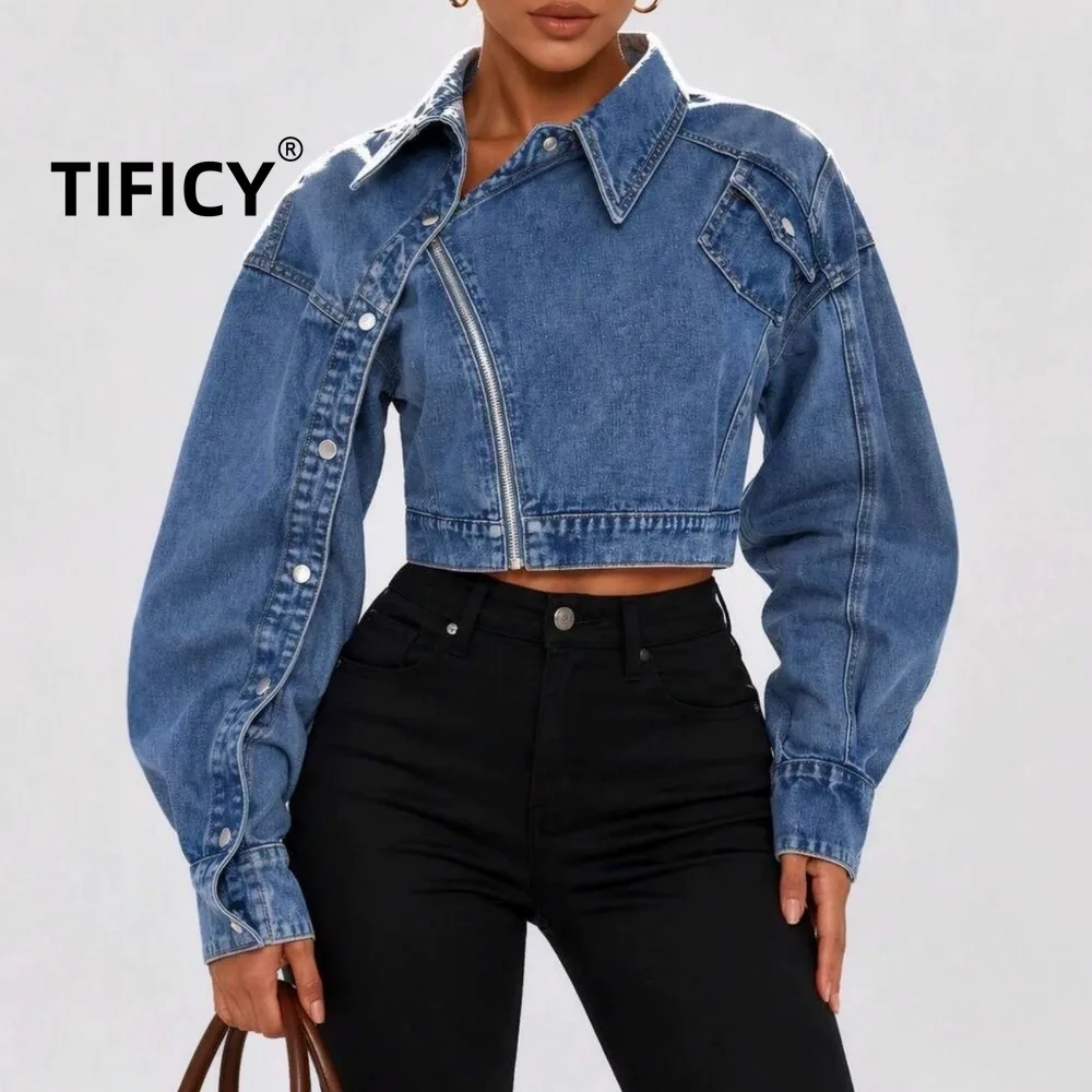 High Street Motorcycle Style Large Lapel Zipper Irregular Long Sleeved Denim Jackets Women's Casual Loose Slim Fashion Jacket