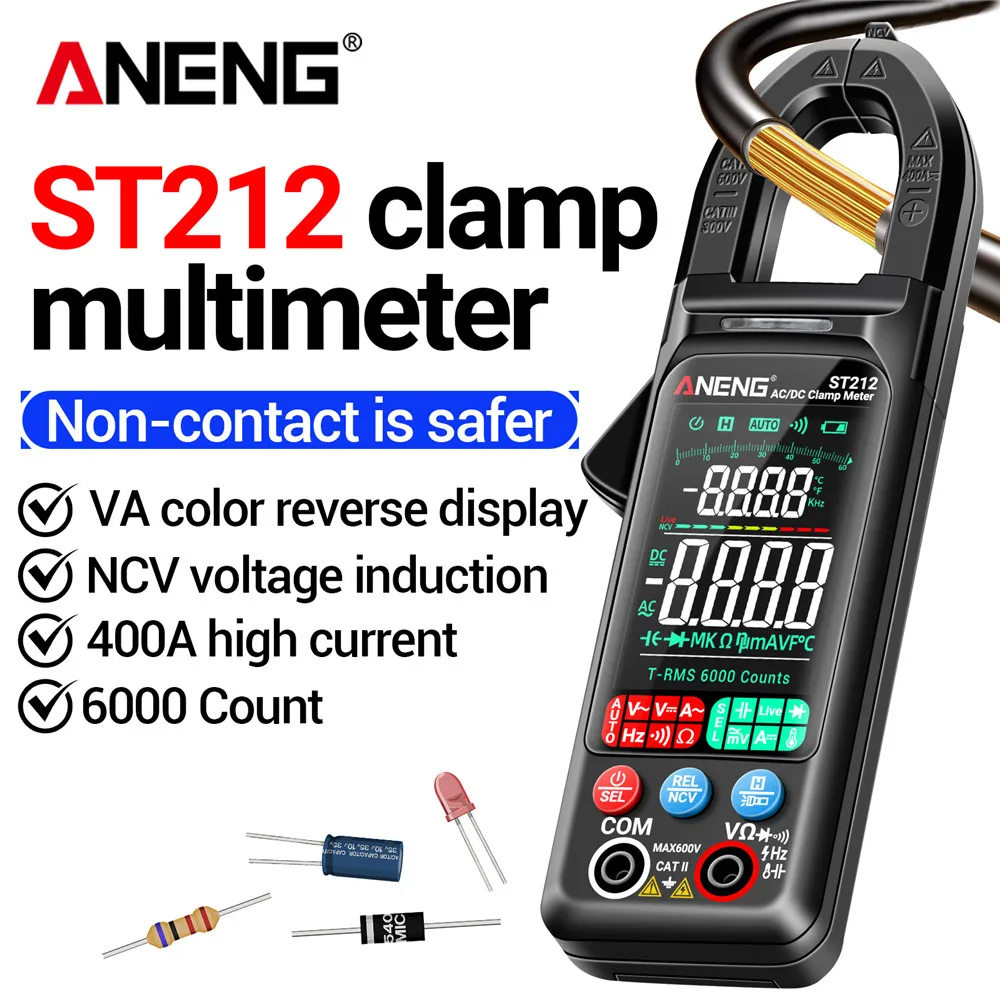 

ANENG ST212 Clamp Meter Multimeter DC/AC Voltage Current Capacitor Resistance Diode VA Color Reverse Display non-Contact Tester