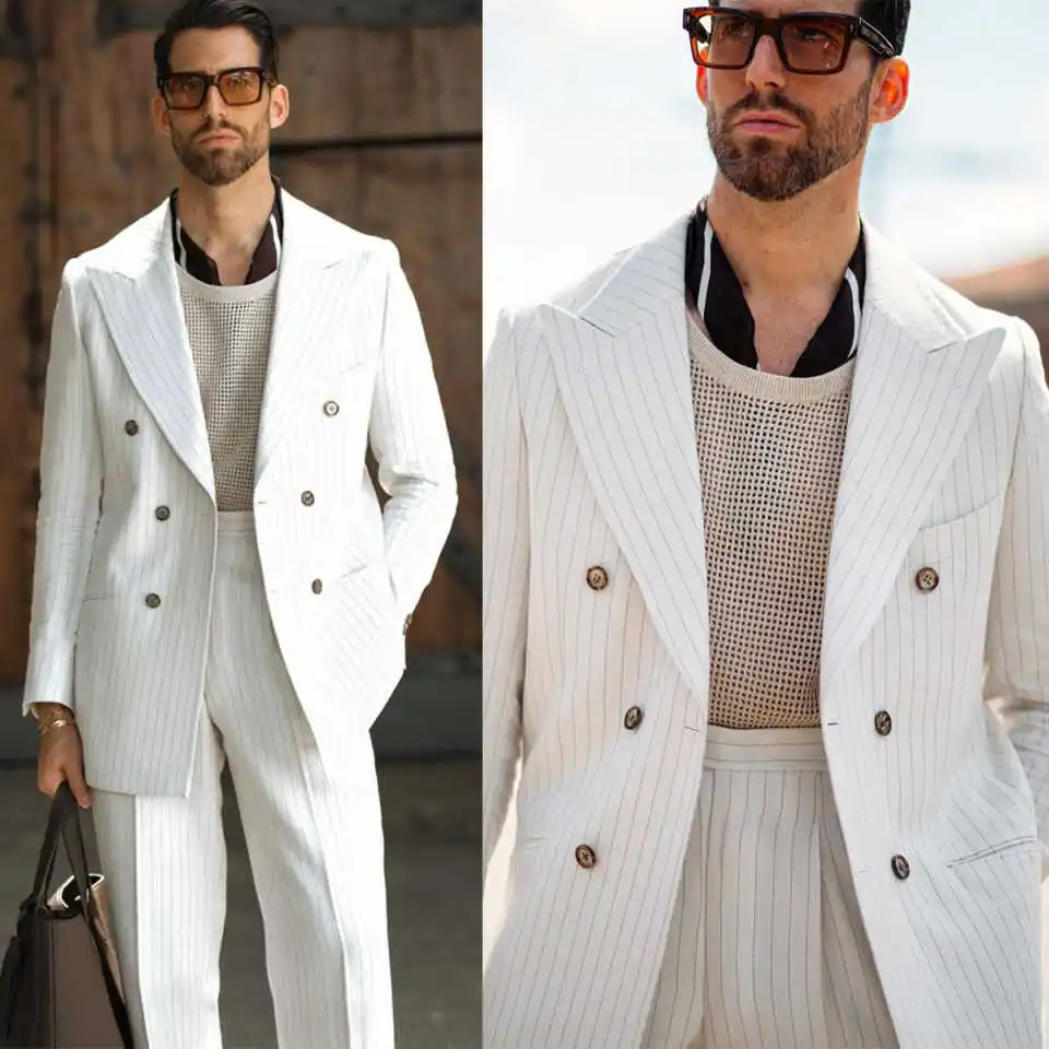 

Classic Pinstripe Wedding Tuxedos 2 Pieces Jacket Pants Double Breasted Men Suit Peaked Lapel Groom Wear Party Suits Customized
