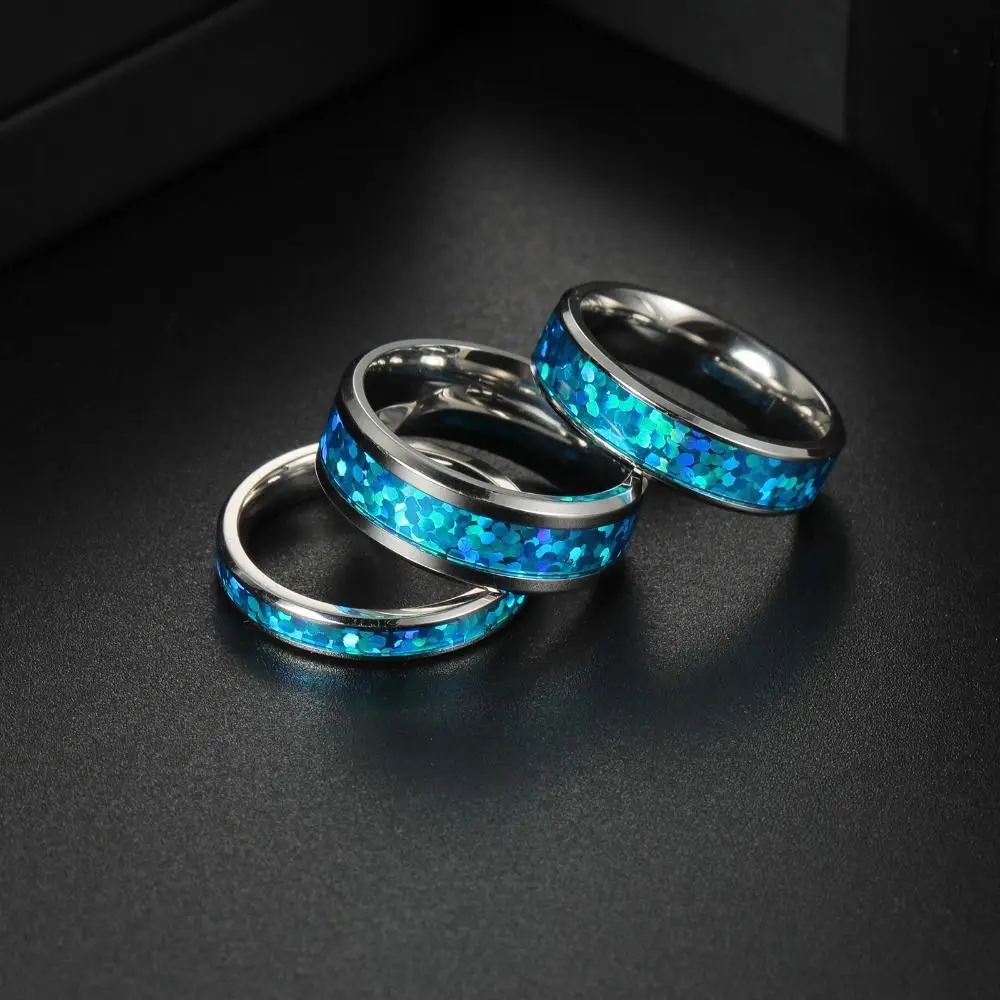 2PCS Stainless Steel Stainless Steel Wedding Ring Blue Opal Inlay 8mm 6mm 4mm Width Blue Opal Inlay Ring Polished Finish