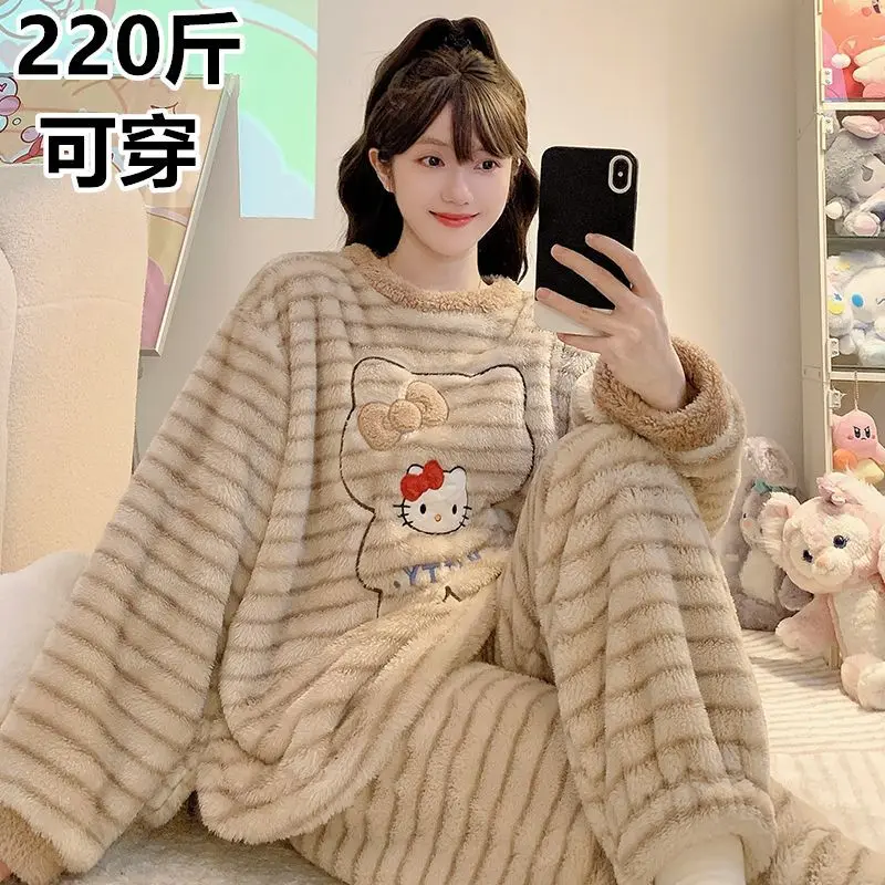 Sanrio menina casa wear microvilli olá kitty kawaii dos desenhos animados estudante casual outono e inverno em torno do pescoço loungewear conjunto novo estilo