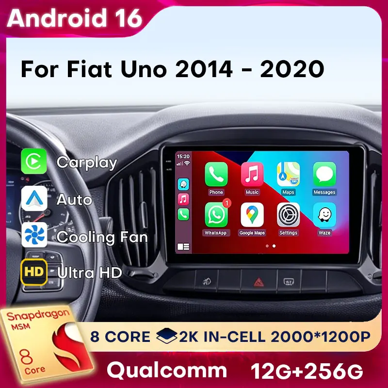 Radio para Auto Android 16 para Fiat Uno 2014-2020, Carplay Inalámbrico, Unidad Principal BT 2DIN, Reproductor Multimedia de Video, Estéreo, Cámara 360