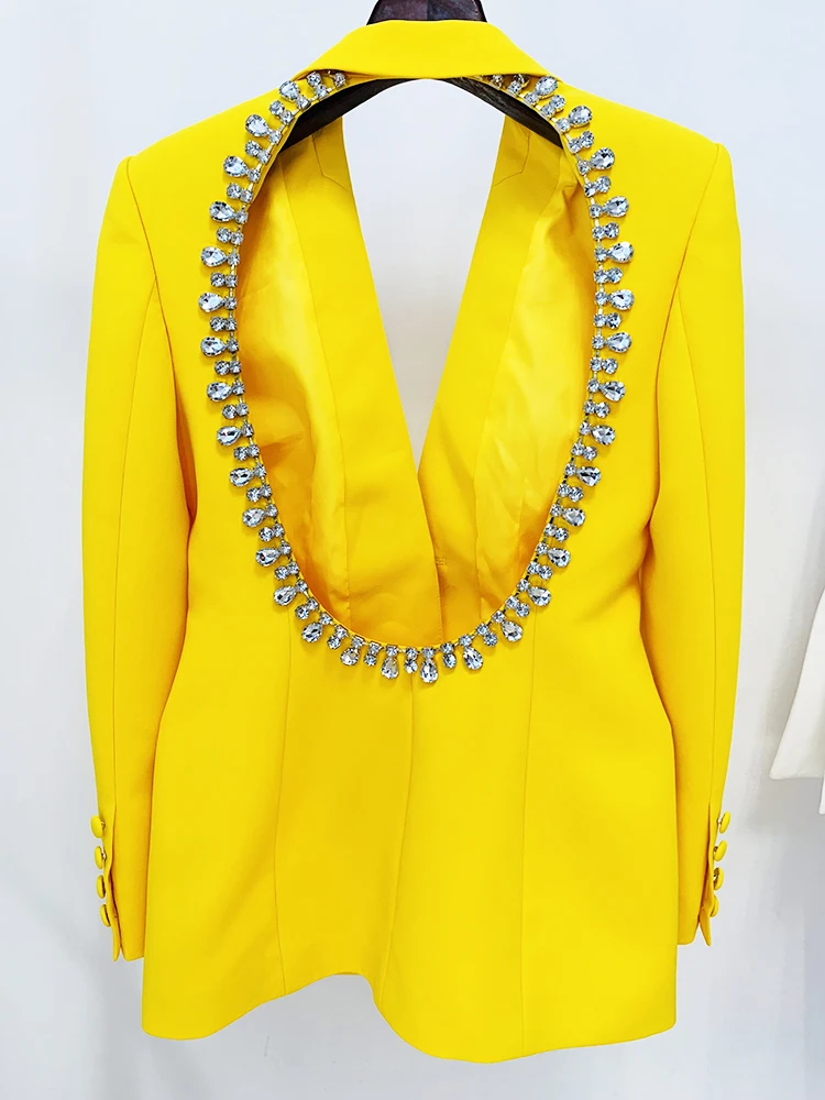 HIGH STREET Newest 2024 Designer Jacket Women\'s Rhinestone Diamonds Beaded Backless Long Blazer