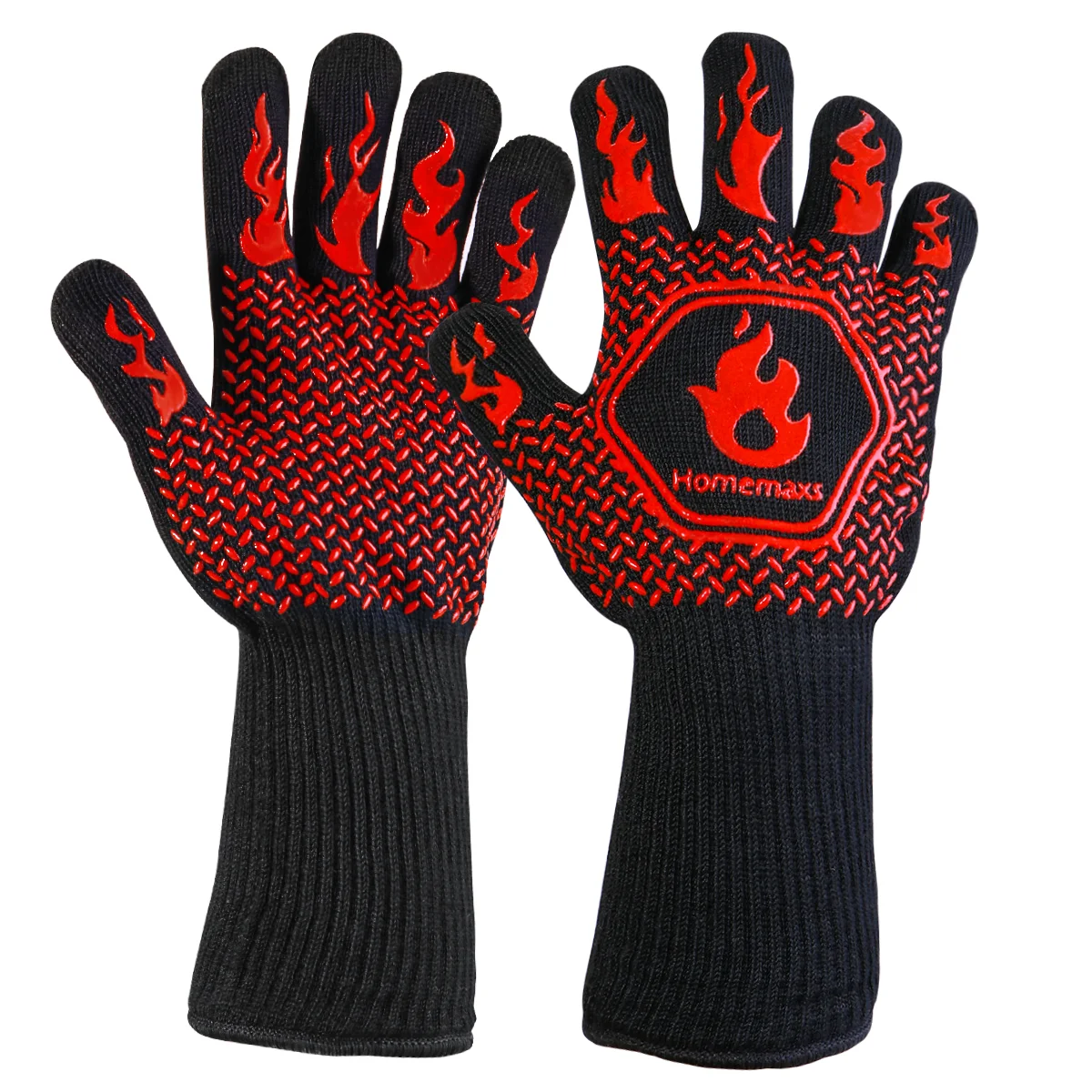 HOMEMAXS Pair of Oven Mitt Heat Resistant Lower Than 800℃ Cotton Silicone Protective BBQ Grilling Gloves (Black, Red)