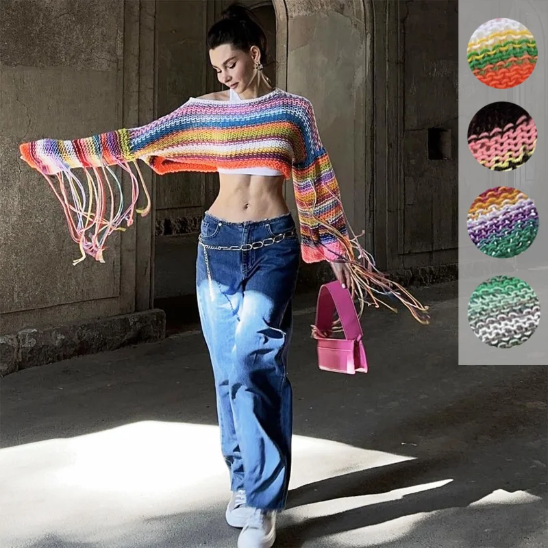 Crochet Tassel Rainbow Loose Short Sweaters Knitted Women Flare Sleeve Pullovers Crop Tops Vacation Cover Ups Streetwear Autumn