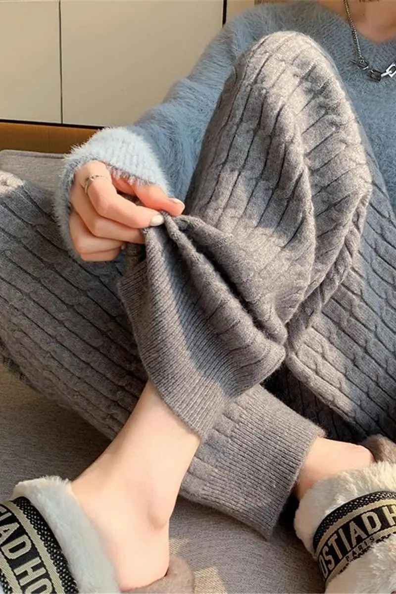 

Woven Fried Dough Twists Wide-Leg Pants Women New Autumn and Winter Loose Drape Casual Knitted Thickened Trousers CQ136