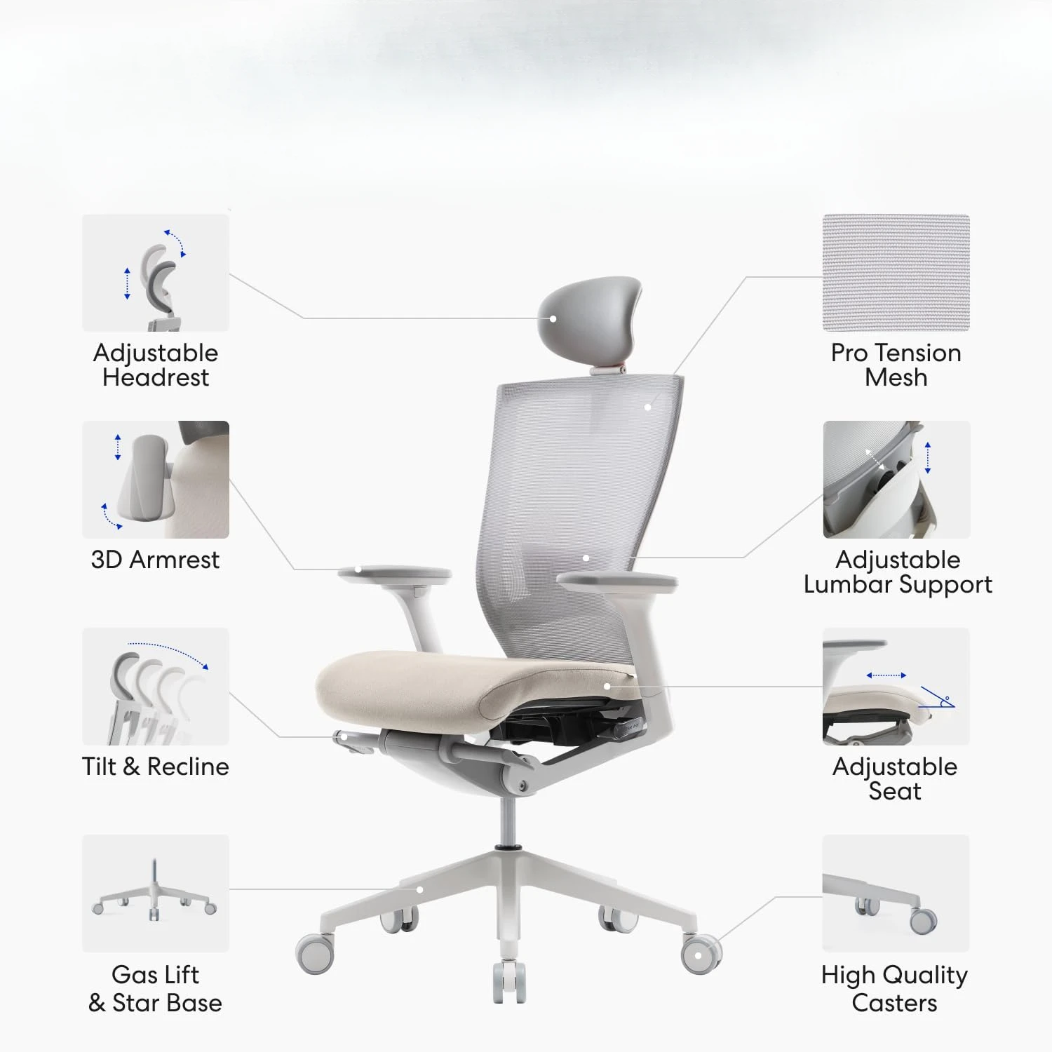 Lumbar Support, 3-Way Armrest, Forward Tilt, Adjustable Seat Depth, Ventilated Mesh Back, Cushion Seat (Beige)