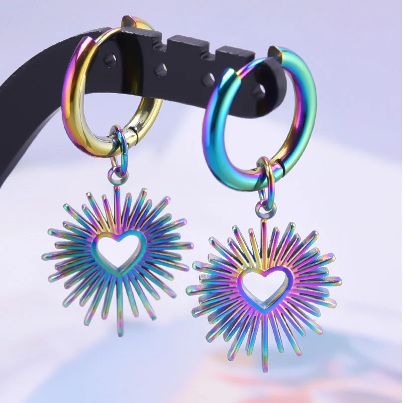 Rainbow Stainless Steel Earrings For Women/Men Vintage Jewelry Hoop Ear Piercing Heart Moon Charm Earring Pendientes Aretes Gift