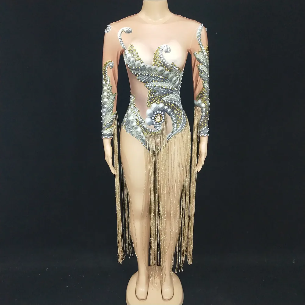 

Gold Tassel Beading Printing Leotard DJ Dancer Stage Performance Dance Bodysuit Nightclub Party Show Fringe Costume