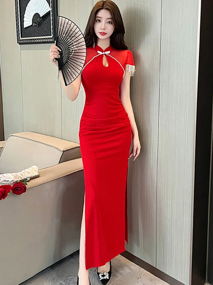 Women Elegant Diamonds Tassel Short Sleeve Robe 2025 Korean Vintage Luxury Cheongsam Dress Summer Red Patchwork Sheer Sexy Dress