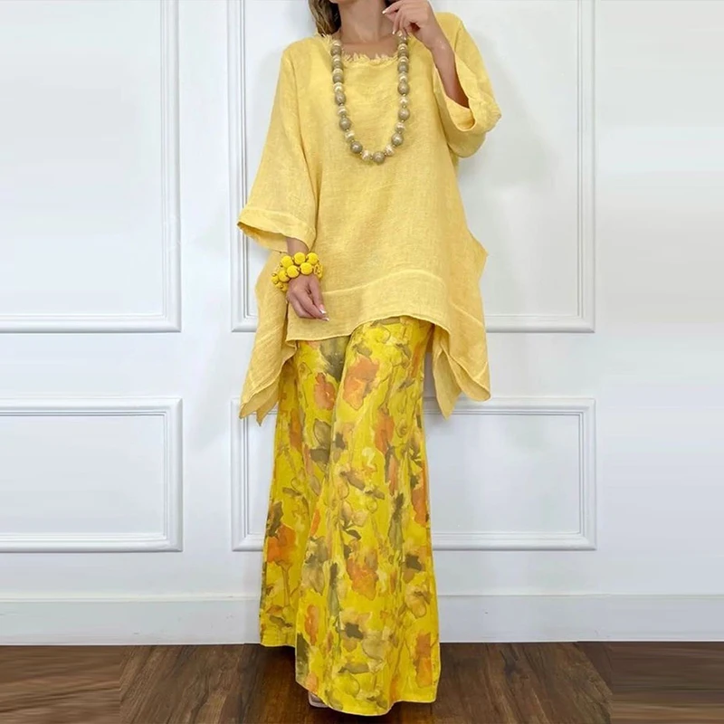 Fashion Pattern Printed Pants Commute Outfits Elegant Lady Loose 2 Piece Casual Solid Color Long Sleeve Tops&Wide Leg Pants Sets