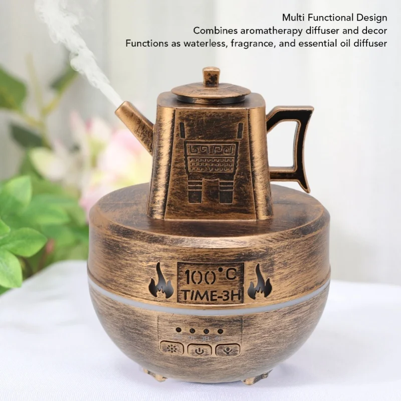 Antique Bronze Silver Teapot Oil Diffuser With Colorful Lights Aromatherapy Humidifier Home Decor Fragrance Maker