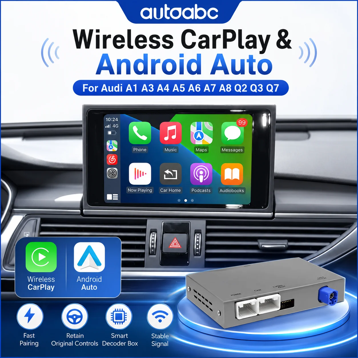 Boîtier adaptateur d'interface sans fil AUTOABC CarPlay Android Auto pour Audi A6, A7 et modèles R de 2012 à 2018, avec MirrorLink, Bluetooth, navigation GPS et fonction caméra de recul.