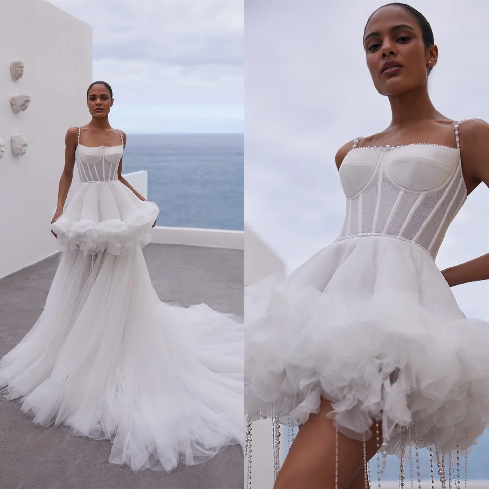 

Customized High Quality White Organza Wedding Dress Temperament Strapless Spaghetti Straps Bridal Gowns Chapel Train Dress