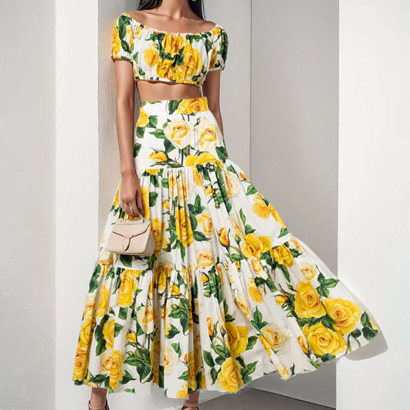 

New Amazon European and American Women's Clothing Sexy Printed Top Skirt Fashion Suit Two Pieces Comfortable Temperament Fresh