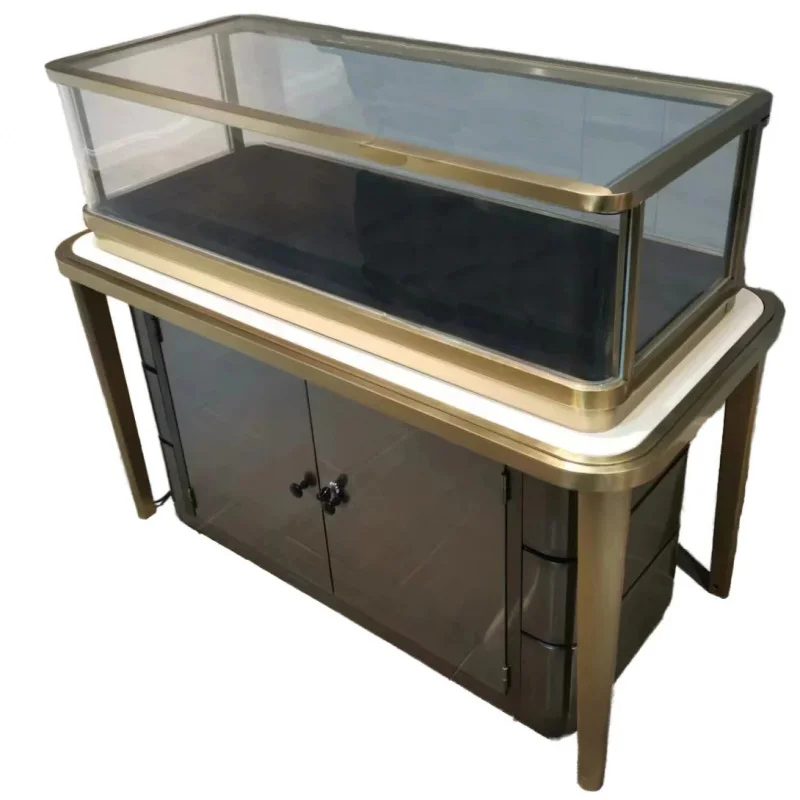custom.Custom Arabic Style Jewelry Showcase Cabinet Seamless Tempered Glass Counter LED Lighting Materials Jewe