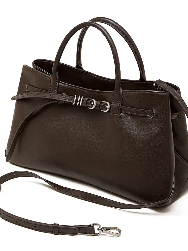 Zerma Genuine Leather Handbag Women's Bag 2026 New Retro Tanned Cowhide Simple Belt Buckle Briefcase Handbag Shoulder Bag