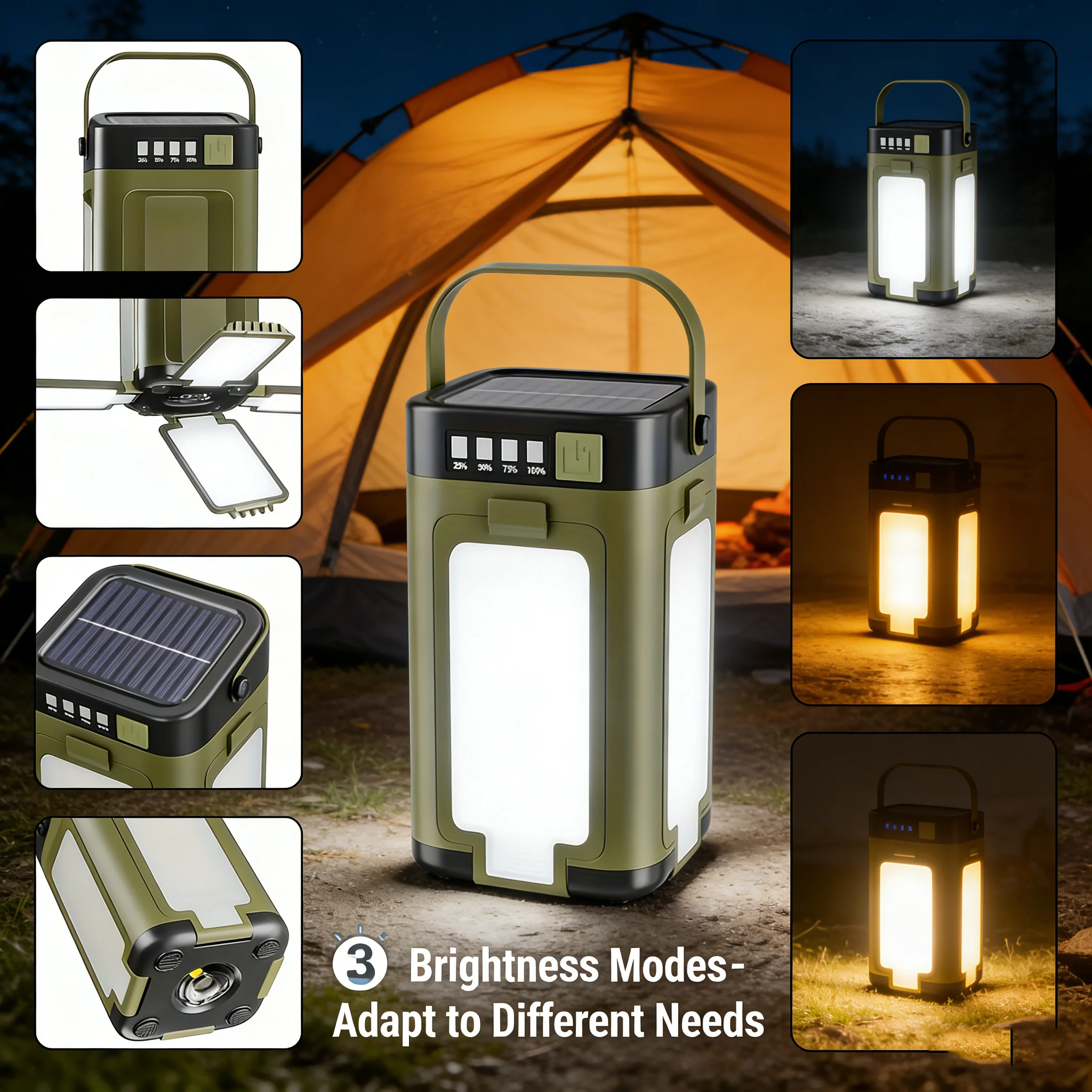 Solar Camping Light，USB/Solar Recharge Portable Lamp with 2000mAh Battery 6 Lighting Modes Outdoor Portable Hanging Tent Light