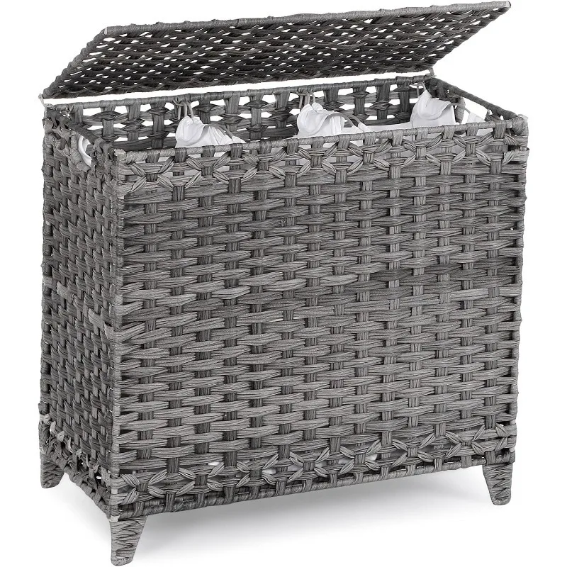 Laundry Hamper with 3 Removable Liner Bags; 132L Handwoven Rattan Laundry Basket with Lid & Heightened Feet; Clothes