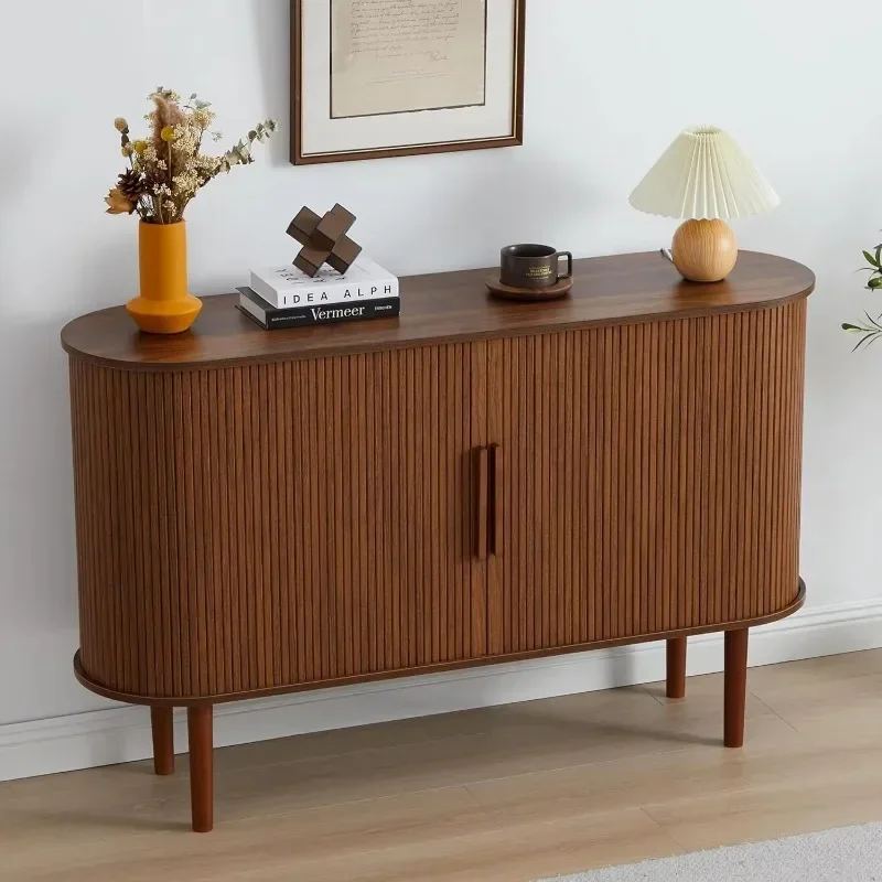 Farmhouse Adjustable Shelf Cabinet Console Sideboard Buffet Kitchen Locker Sliding Door with Groove