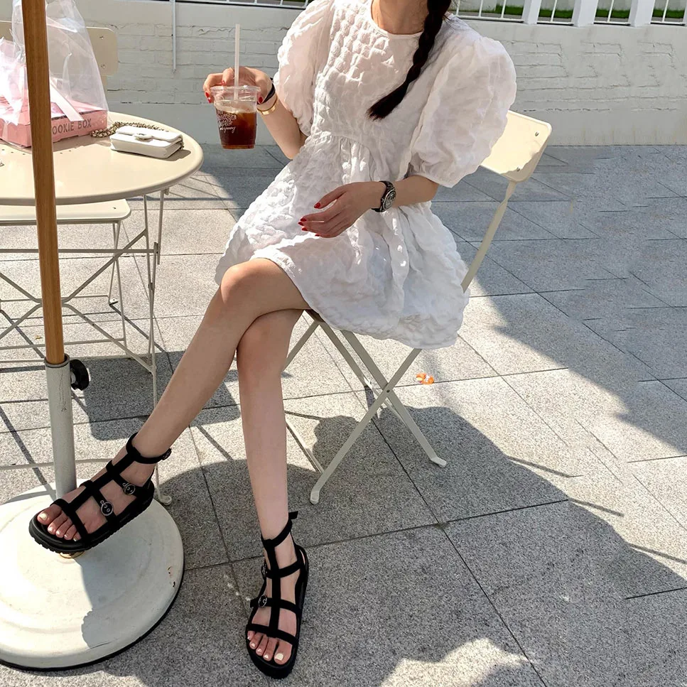 فستان نسائي صيفي جديد بتصميم كوري، بياقة دائرية ولون سادة، بقصة A-Line وأكمام قصيرة، بتصميم منفوش ومريح. #5