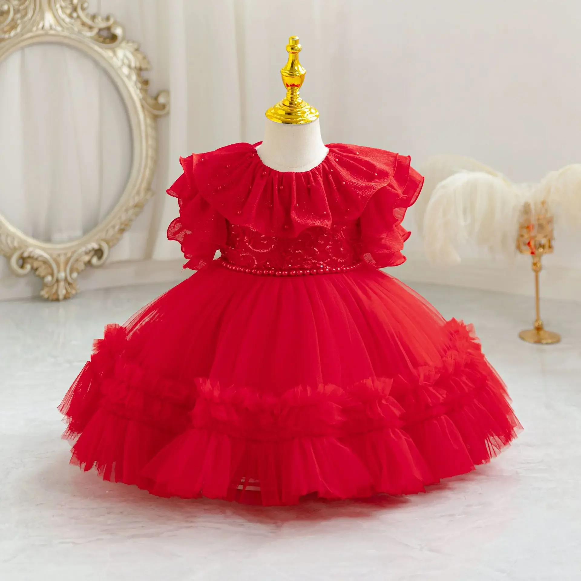 Pearls Flower Dress for Baby Girl Christmas Lace Toddler Kids 1st Birthday Party Formal Ball Gown Baby Evening Costume