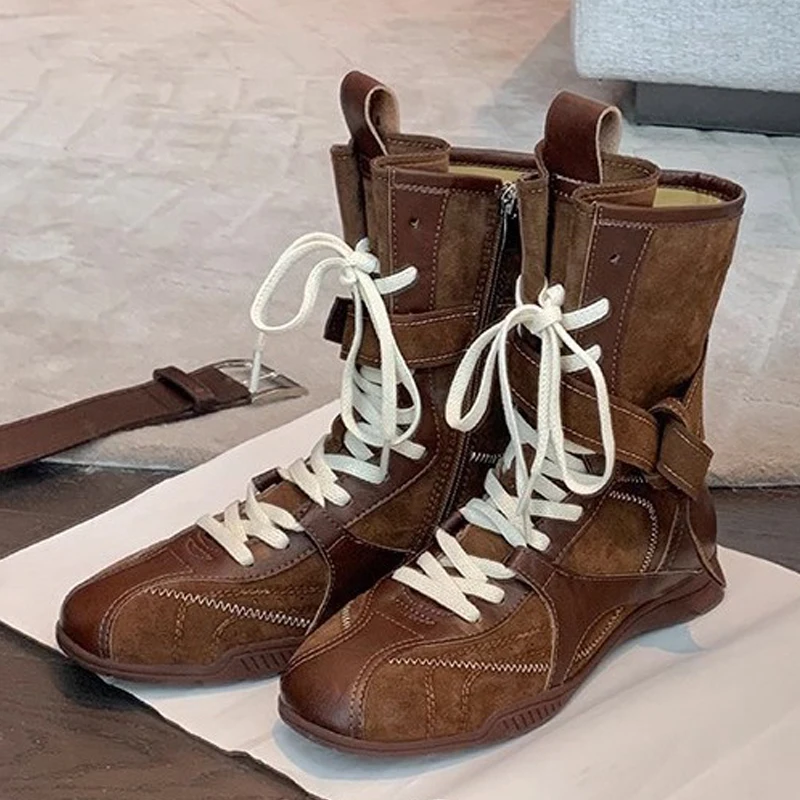 

Eilyken/женские ботильоны в стиле панк с перекрестной шнуровкой и круглым носком, модная осенне-зимняя обувь на низком каблуке с боковой молнией