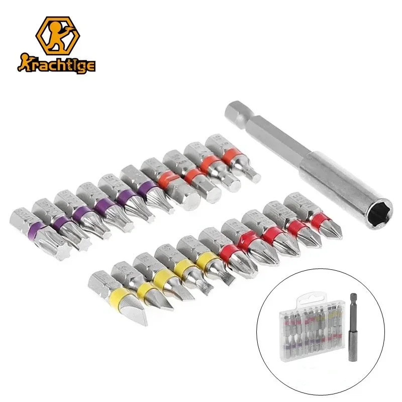 

Krachtige 20Pcs Color Screwdriver Combination Head Set 25mm S2 Magnetic Screwdriver Head + 75mm Extended Conversion Rod Tool