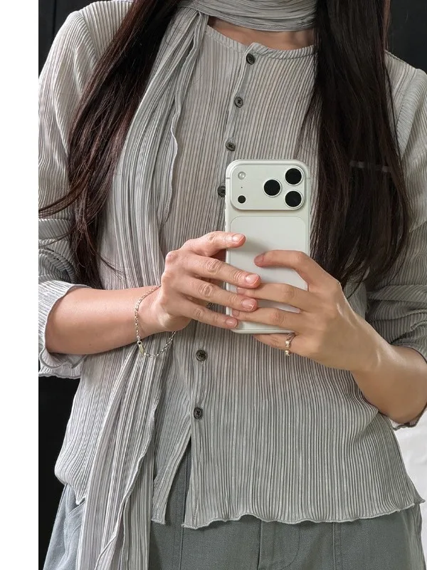 Korean Textured Long Sleeve Women's Shirt Spring Gentle High round Neck Single Button Elastic Shirt with Sash Fashionable Cas...