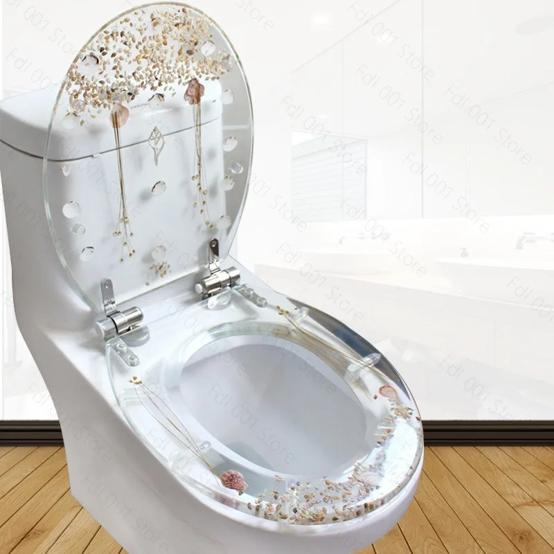 Transparent Toilet Seat with Dried Flowers - Soft Close Hinge, Crystal Clear Tempered Glass Lid, Unique Bathroom Decor & Upgrade