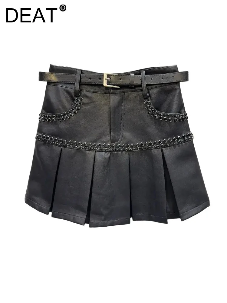 

DEAT Women's Pu Leather Skirt Solid Color A-line Folds Diamonds Crystal High Waist Mini Skirt 2024 Summer New Fashion 29L8124