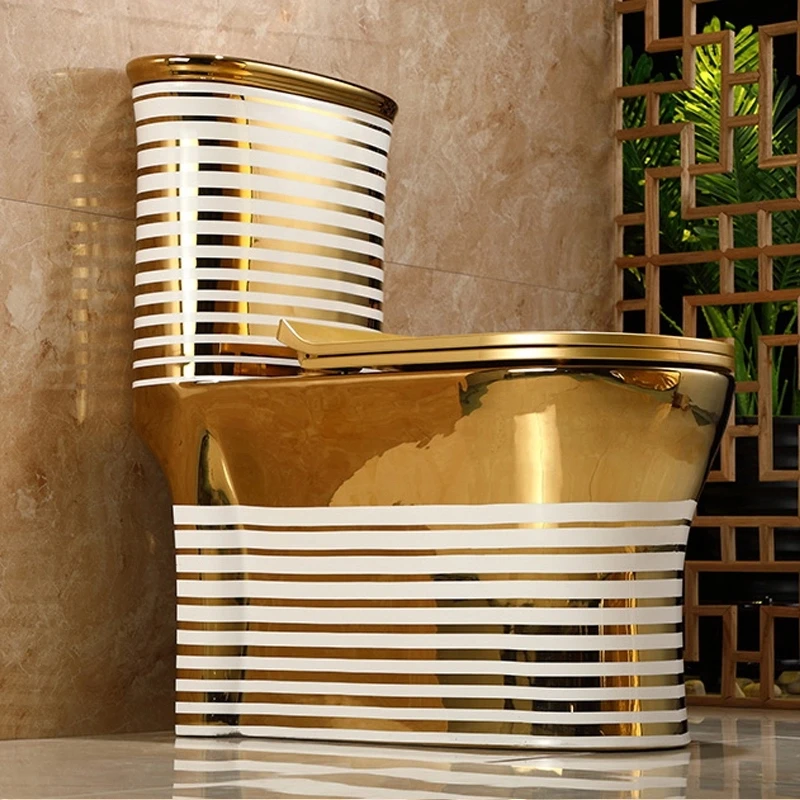 y White and Gold Striped Design Ceramic Muslim Toilet Toilet, Suitable for Adult Bathrooms, Luxury Gold Plated Sanitary Ware