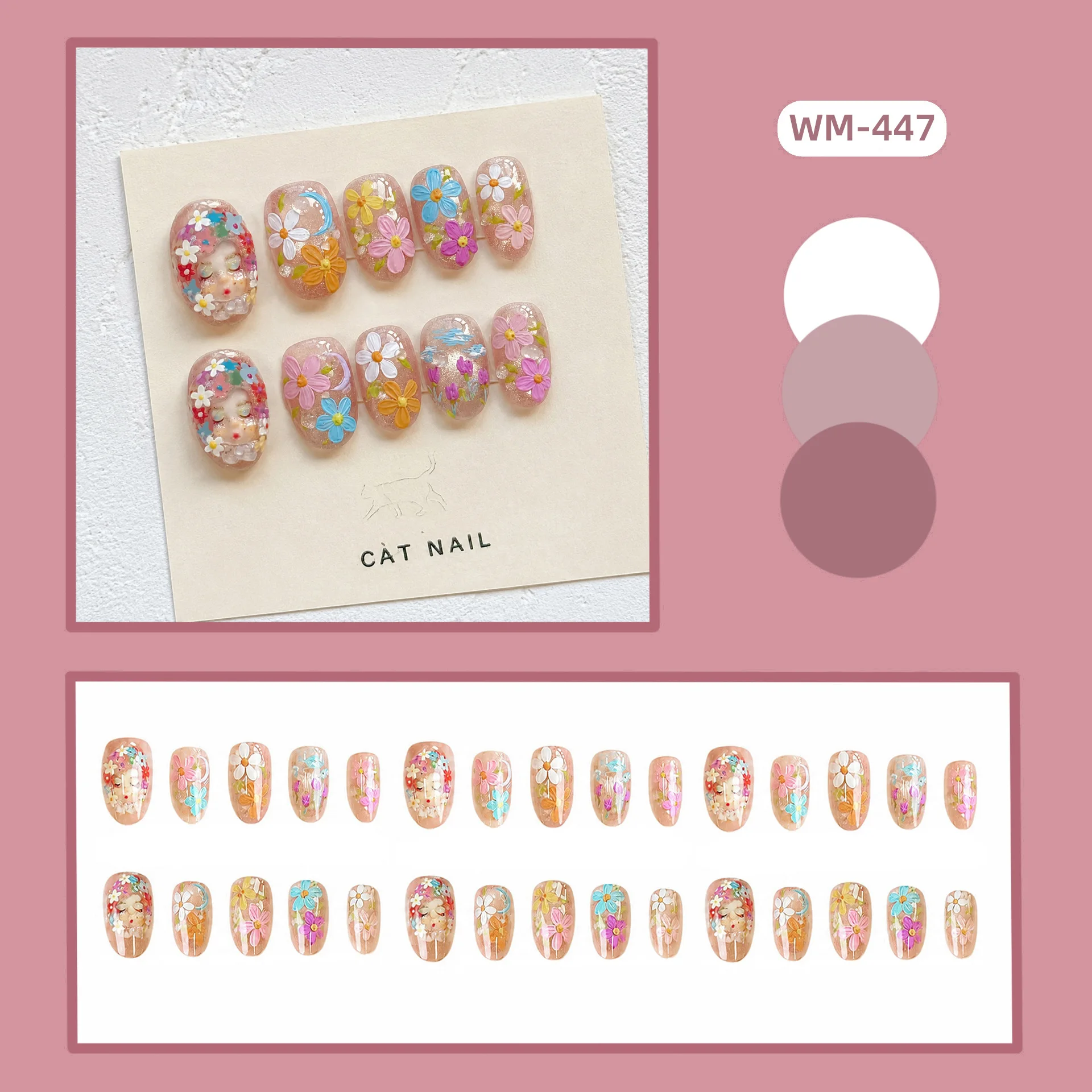 24pcs Cute 3D Doll Head Press On Nails Colorful Flower False Nail Short Oval Glitter Nude Full Coverage Nail Tips for Women&Girl