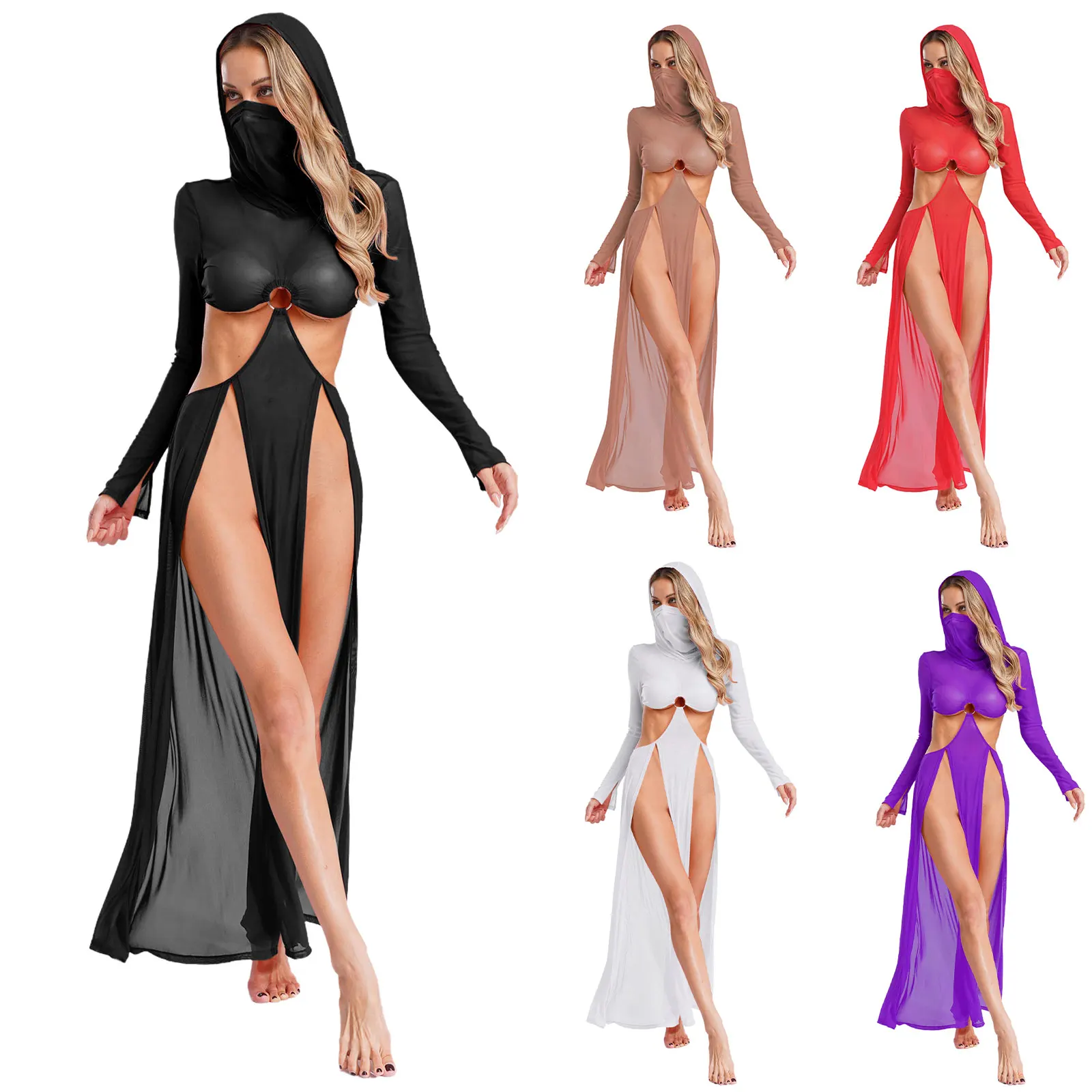 Womens sexy pure maxi hoge split jurk met capuchon gezichtsmasker lange mouwen uitgehold cover-up mesh jurk voor strand zwembad party clubwear