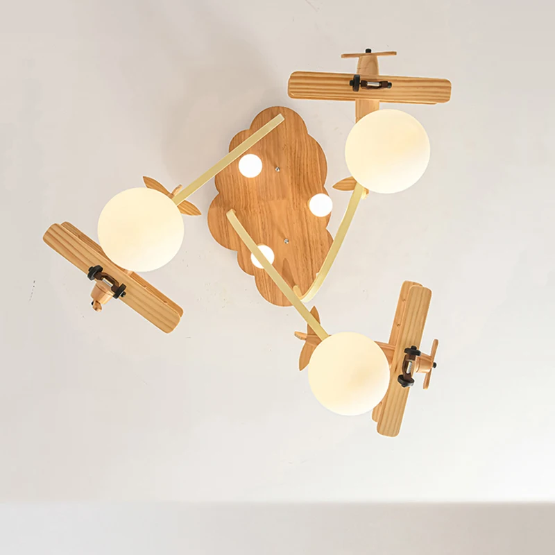 Wooden Plane Lamp Creative Airplane Chandelier Light for Nursery Room Children\'s Bedroom Ceiling Lights for Boy Kids LED E27