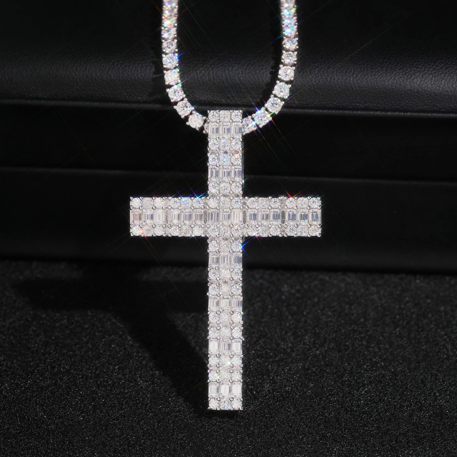 Newest Baguette Cut Moissanite Cross Pendant Rock Solid 925 Silver Hiphop Men Three Rows Cross Charm Tennis Necklace Party Gift