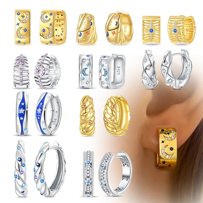 

Серьги из стерлингового серебра 925 пробы, звезда, луна, четырехсторонняя звезда, двойные серьги-кольца для женщин, вечерние, свадебные, модные ювелирные изделия, подарок