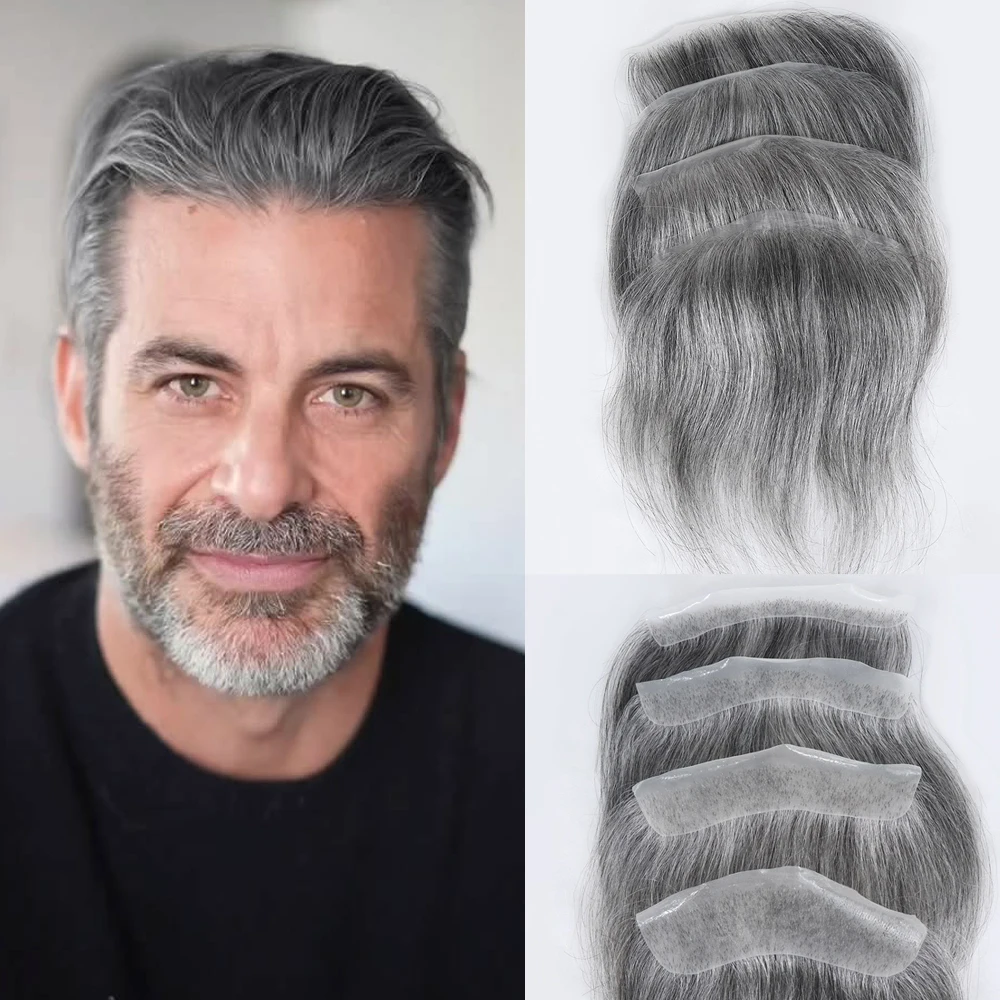 Natural Forehead Men Toupee Frontal Hairline Patch For Man Human Hair Pieces V Loop 0.06mm Thin Skin PU Grey Black Men's Hair Prosthesis