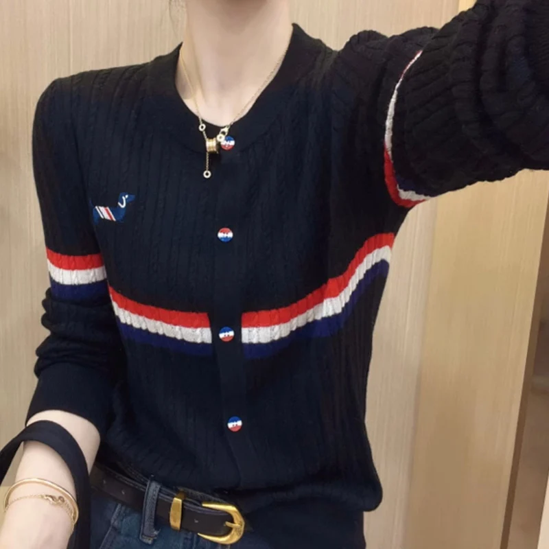 سترة نسائية محبوكة كبيرة الحجم للخريف والشتاء مخططة ملونة بطبقة أساسية أنيقة شبابية مستديرة طويلة... #3